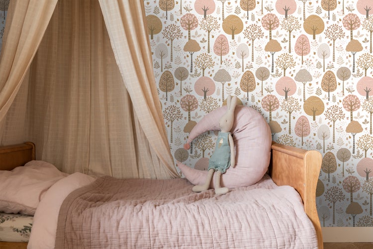 ESTAhome Tapete bewaldete Landschaft Rosa, Braun und Weiß - 50 x 900 cm - 139799