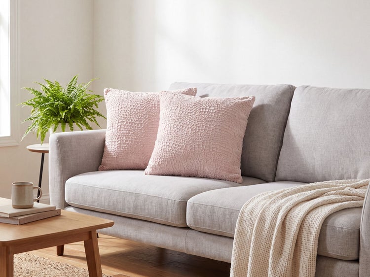 Zwei strukturierte Zierkissen auf einem modernen grauen Sofa mit einer Tagesdecke und einer Pflanze im Wohnzimmer.