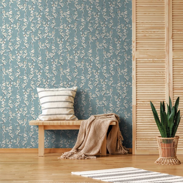 Sanders und Sanders Tapete Blüte Graublau und Weiß - 53 cm x 10 m - 640179