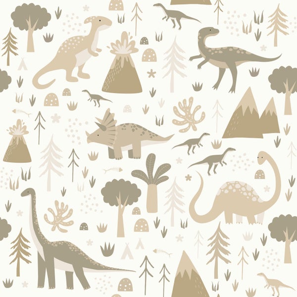 Kinderzimmer mit Dinosaurier Tapete und Kind auf einem Hocker