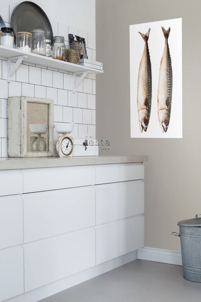 Foto von zwei Makrelen an einer Küchenwand