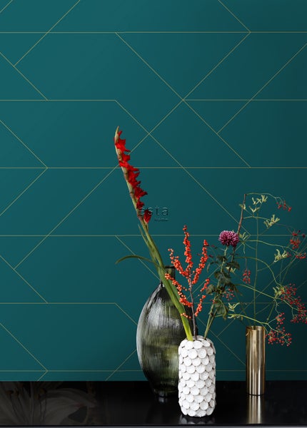 ESTAhome Tapete grafische Linien Petrolblau und Gold - 53 cm x 10.05 m - 139454