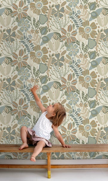 ESTAhome Tapete Blumenmuster Beige, Blau und Grün - 53 cm x 10.05 m - 139676