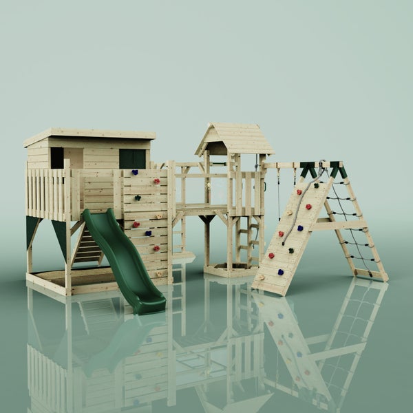 Spielplatz mit Kletterwand, Rutsche, Spielhaus und Schaukel aus Holz