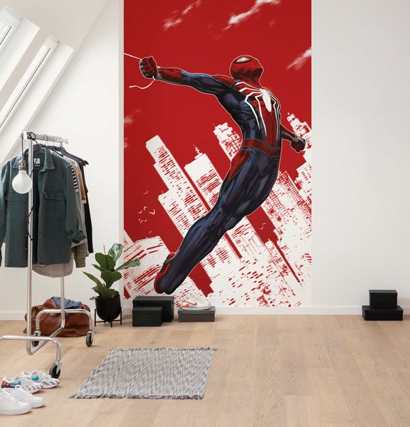 Wandbild mit Spiderman-Motiv in einem modern eingerichteten Raum.