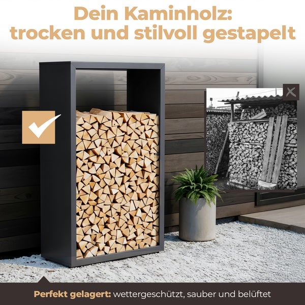 Kaminholzregal aus Metall in Anthrazit, gefüllt mit ordentlich gestapeltem Brennholz auf einer Terrasse neben einer Topfpflanze.