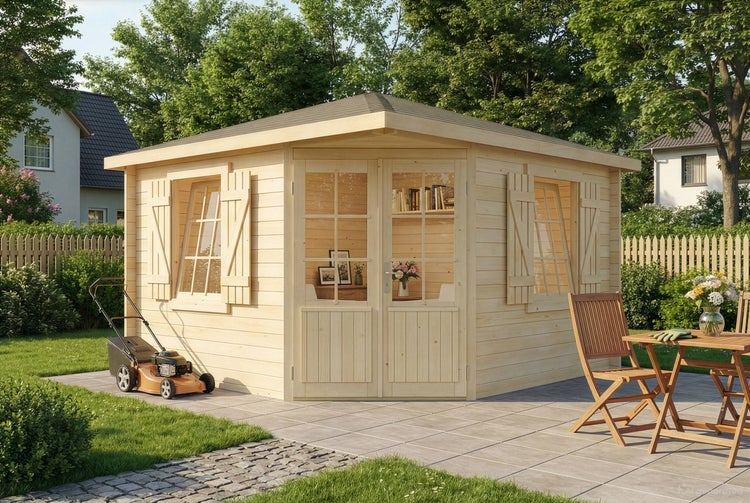 Eckgartenhaus aus Holz mit Doppeltüren, Fenstern mit Fensterläden und Flachdach, auf einer Terrasse mit Gartenmöbeln und Rasenfläche.