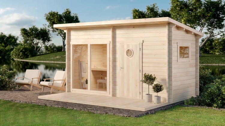 Polhus Sauna Kivi Gartensauna 2 Sitzbänke aus Holz, Sauna mit 70 mm Wandstärke, Außensauna