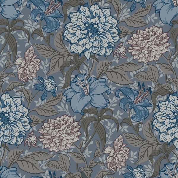 ESTAhome Tapete Blumenmuster Graublau und Grau - 53 cm x 10.05 m - 139480