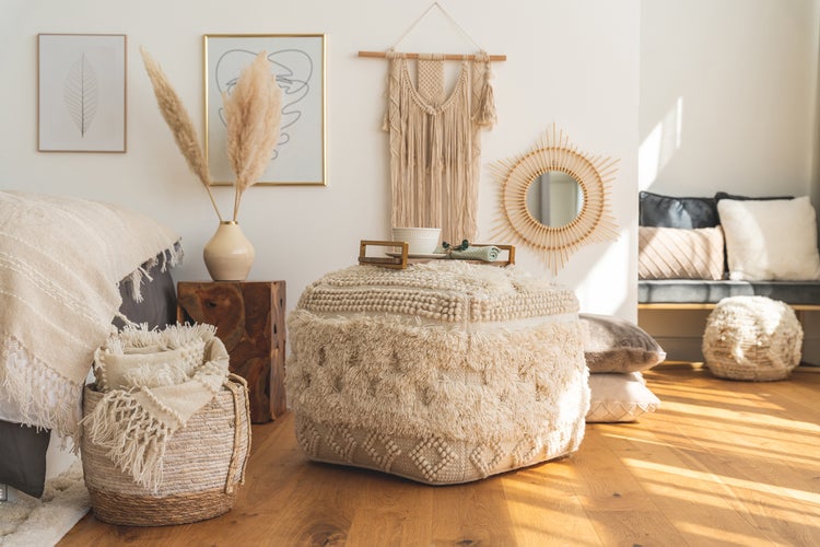 Pouf Hocker handgefertigt Natural Quadrat 50 cm