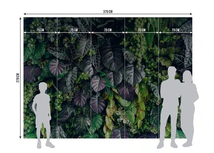 Fototapete mit tropischen Pflanzen, Maße 375 mal 270 Zentimeter, 5 Bahnen à 75 Zentimeter, mit Personen-Silhouetten als Größenvergleich.