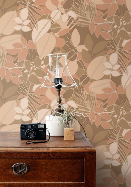 ESTAhome Tapete Blätter Beigebraun und Terrakottarosa - 50 x 900 cm - 139847