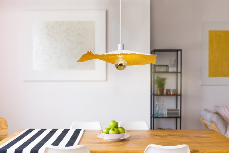 Esszimmer mit Esstisch, Stühlen und Hängelampe