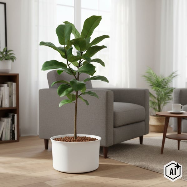 Ficus lyrata Geigenfeige im weißen Topf in einem hellen, modernen Wohnzimmer mit grauem Sessel und Holzregal.