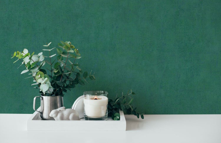 Wohnraum mit Futonbett, Kissen, Teppich und Dekoration vor einer grünen Wand