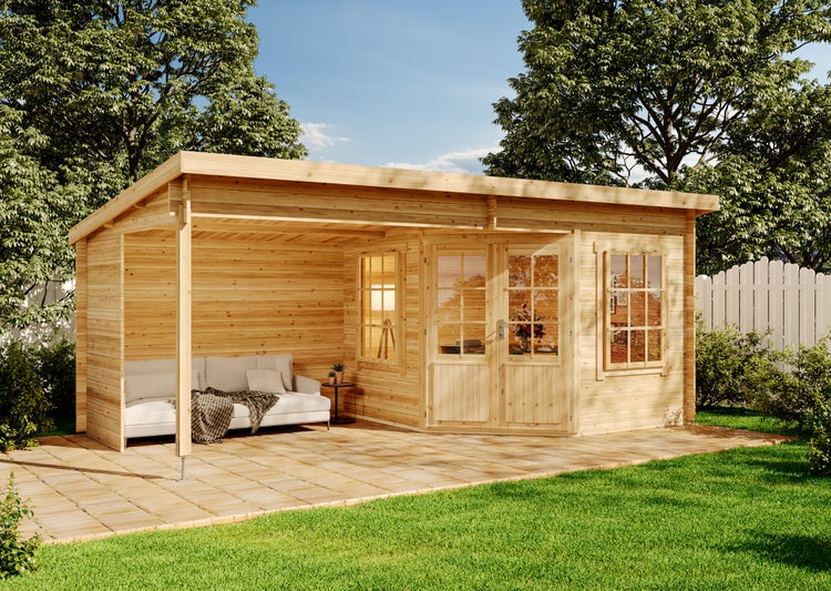 Alpholz Gartenhaus Carl aus Massiv-Holz, Gerätehaus mit 28 mm Wandstärke, Garten Holzhaus mit Imprägnierung (pinie), Geräteschuppen Größe: 598 x 300 cm, Pultdach