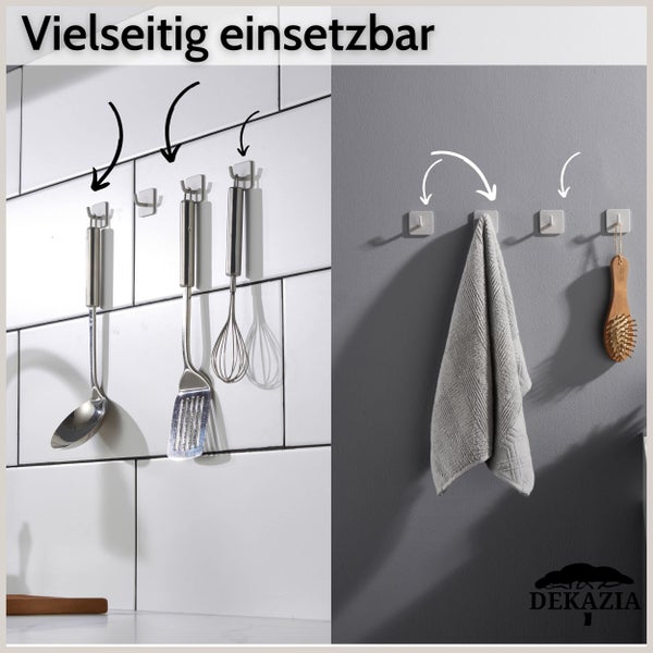 Vielseitig einsetzbare selbstklebende Edelstahlhaken in einer Küche mit Utensilien und einem Badezimmer mit Handtuch und Bürste. Dekazia Logo.