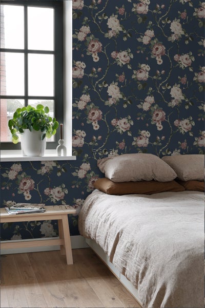 ESTAhome Tapete Blumenmuster Dunkelblau und Altrosa - 53 cm x 10.05 m - 139409