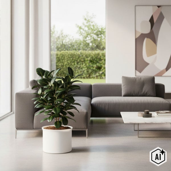 Gummibaum Ficus elastica im weißen Topf in einem hellen, modernen Wohnzimmer mit grauem Sofa, Marmortisch und Blick ins Grüne.