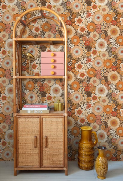 ESTAhome Tapete Retro Blumen Orange und Terrakottarosa - 50 x 900 cm - 131318