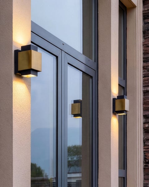 Moderne, würfelförmige Außenwandleuchten mit Up-and-Down-Lichteffekt an einer strukturierten Hausfassade neben großen Glasfenstern.