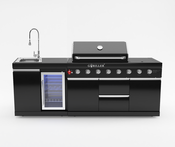 GORILLER GrillMaster Fusion MAX Rockster 243x58x90cm 6-Brenner + Seitenbrenner + Heckbrenner (inkl. Rotisserie, Granitarbeitsfläche und Innenraumbeleuchtung)