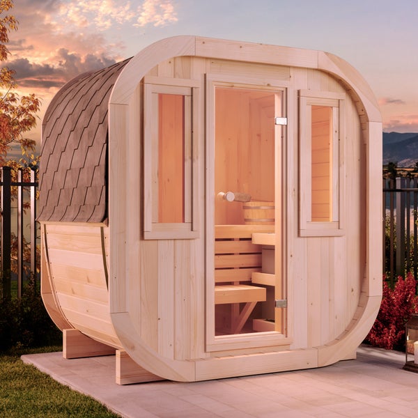 FinnTherm Fasssauna ScandiCube Mini XXS Fasssauna 1 Sitzbänke aus Holz, Sauna mit 42 mm Wandstärke, Außensauna mit 2 Fenstern, Naturbelassen 2,1x1,3m