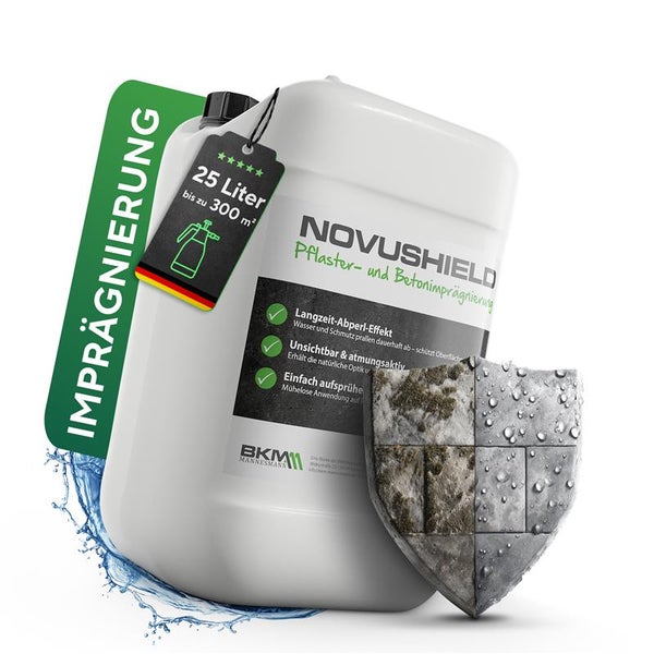 BKM Mannesmann Novushield Pflaster- und Betonimprägnierung, 25 Liter Kanister für bis zu 300 Quadratmeter Fläche.