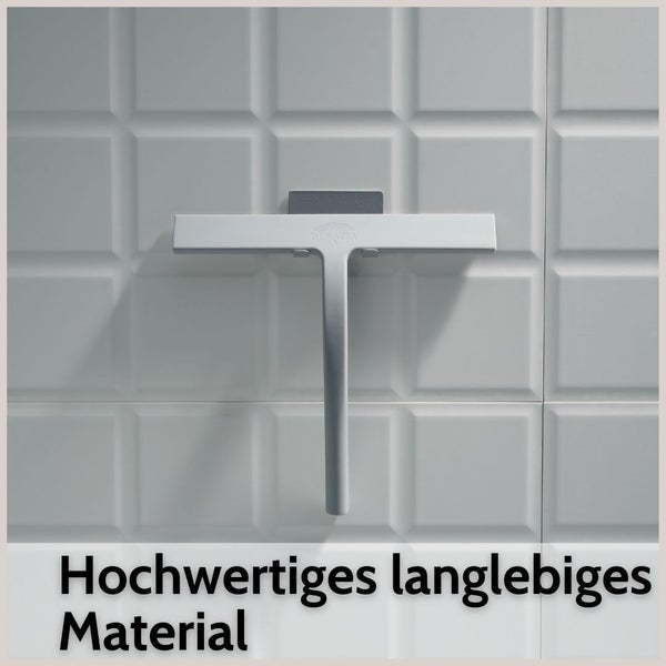 Duschabzieher aus hochwertigem, langlebigem Metall an einer gefliesten Wand.