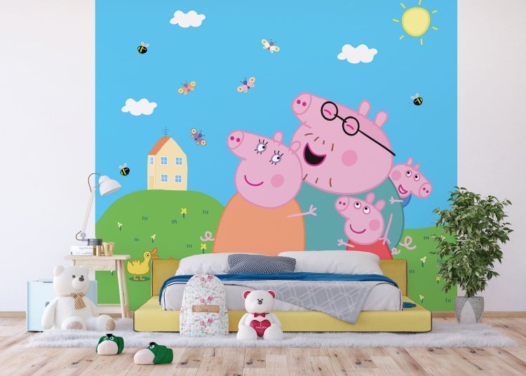 Kinderzimmer mit Wandbild Peppa Pig Familie, Bett und Dekoration