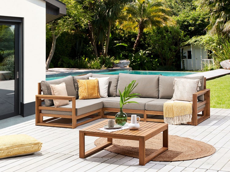 Garten Ecksofa mit Tisch 4-Sitzer TIMOR rechtsseitig modular zertifiziertes Akazienholz Hellbraun