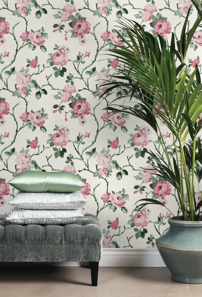 Origin Wallcoverings Tapete Blumen Crême-Weiß, Rosa und Grün - 53 cm x 10.05 m - 347434