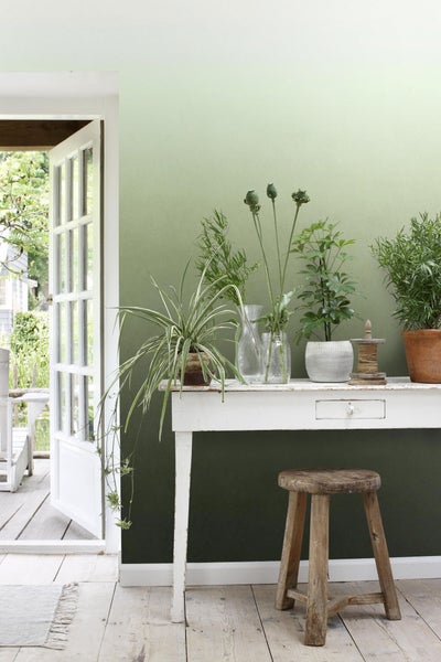 Dekorative Inneneinrichtung mit Pflanzen auf einem Tisch in einem hellen Raum.