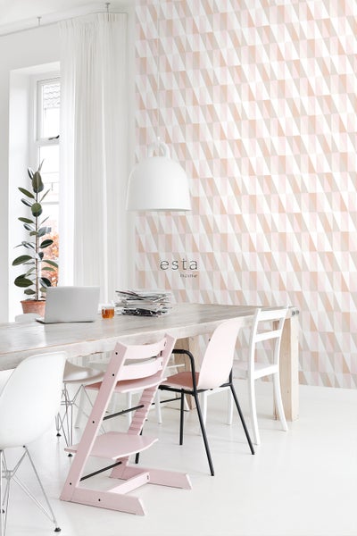 ESTAhome Tapete grafische Dreiecke Hellrosa, Dunkelorange und Beige - 53 cm x 10.05 m - 139196
