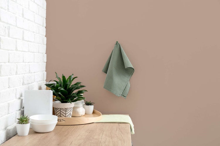 Wandfarbe in Altrosa in modernem Raum mit weißer Backsteinwand, Holzoberfläche und dekorativen Pflanzen in Töpfen.