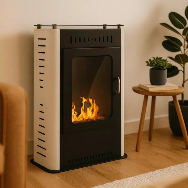 Pelletkaminofen mit Glasfenster und Flammen