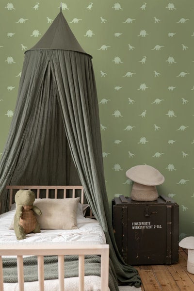 Kinderzimmer mit Himmelbett, Spielzeug und Dinosaurier Tapete