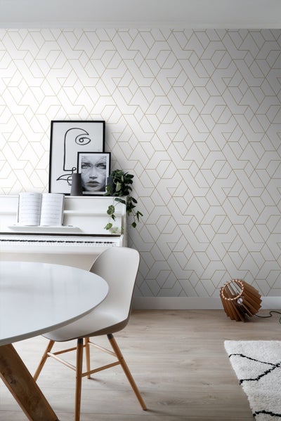 ESTAhome Tapete grafische Linien Weiß und Gold - 50 x 900 cm - 139950