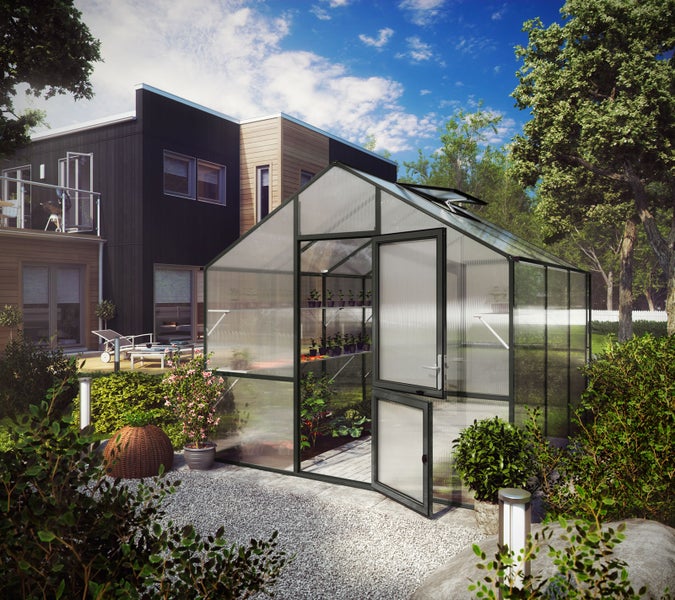Modernes Gewächshaus mit Metallrahmen und lichtdurchlässigen Paneelen in einem Garten vor einem Wohnhaus.