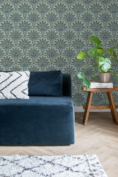ESTAhome Tapete orientalisches Barockmotiv Blau und Grün - 50 x 900 cm - 131037