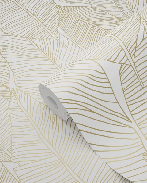 ESTAhome Tapete gezeichnete Blätter Weiß und Gold - 53 cm x 10.05 m - 139125