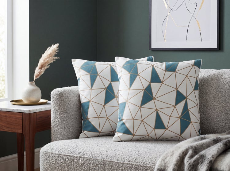 Zwei Dekokissen mit modernem geometrischem Dreiecksmuster auf einem hellgrauen Sofa in einem stilvoll eingerichteten Wohnzimmer.