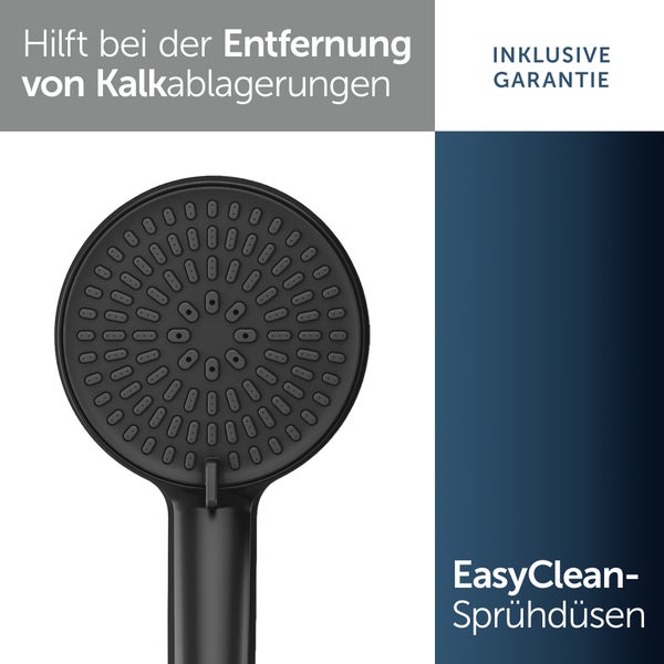 Duschkopf mit EasyClean-Sprühdüsen zur einfachen Entfernung von Kalkablagerungen, inklusive Garantie.
