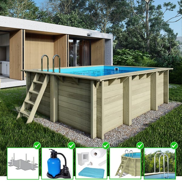 Aufstellpool aus Holz mit Leiter und Poolzubehör im Garten