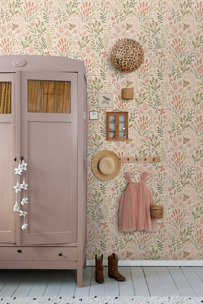 ESTAhome Tapete Blätter und Blumen Olivgrün und Terrakotta - 50 x 900 cm - 131390