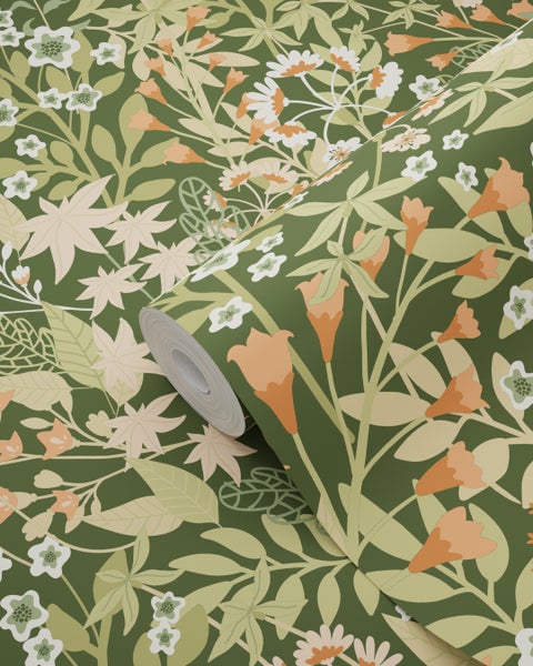 ESTAhome Tapete Feldblumen Grün und Orange - 50 x 900 cm - 131352