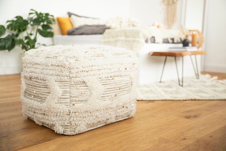 Pouf Hocker handgefertigt Creme / Khaki Quadrat 50 cm
