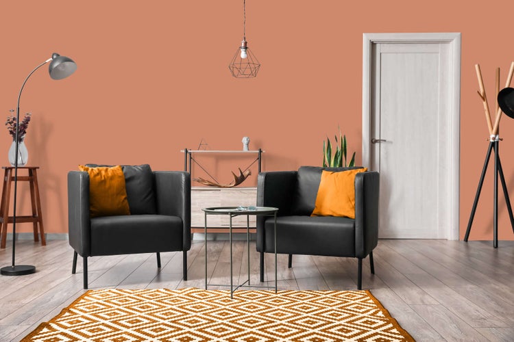 Modernes Wohnzimmer mit terrakottafarbenen Wänden, zwei schwarzen Sesseln mit orangefarbenen Kissen, geometrischem Teppich und hellem Holzboden.