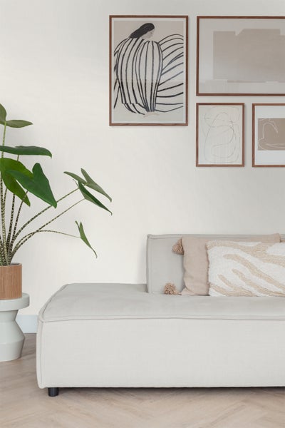 Wohnzimmer mit Sofa, Kissen, Zimmerpflanze und Bildern an der Wand.