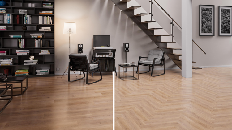 Wohnzimmer mit Bücherregal, Stereoanlage, Sesseln und Treppe